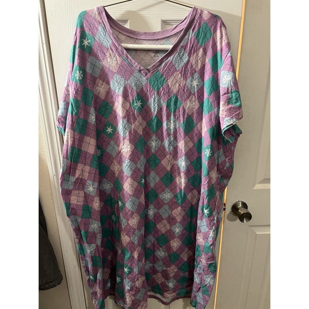 Dreams & Co.  Plus Size 3X/4X Short Sleeve Argyle Long Cotton Knit Nightgown
